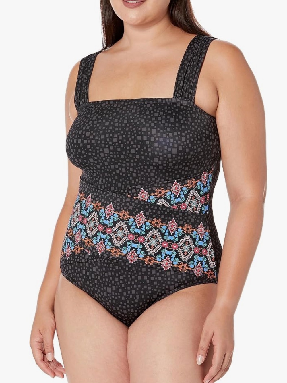 Fit 4 U Women’s Maya Border One Piece Swimsuit Size 12 Black Multicolor NWT